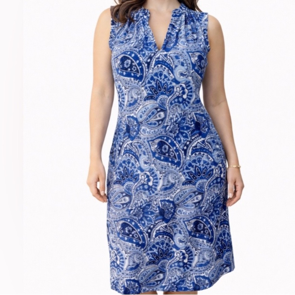 Chic Blue Paisley V-Neck Dress